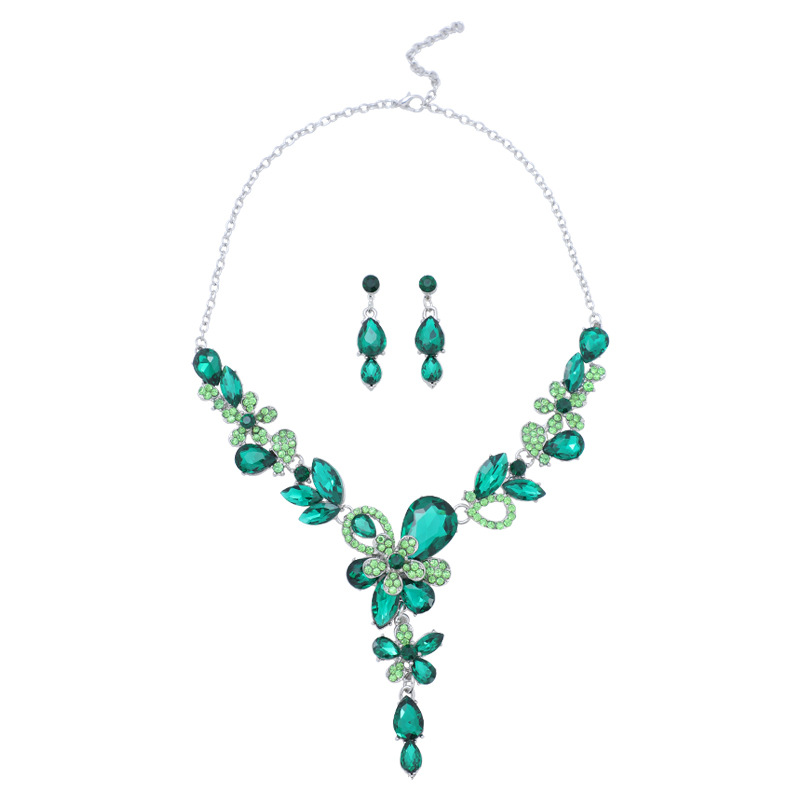 Vintage necklace and earrings two-piece set flower crystal double layer flower