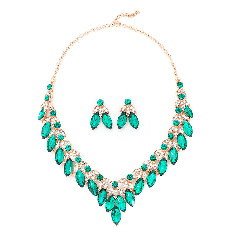 Retro exaggerated necklace and earrings set crystal gem clavicle chain-D4