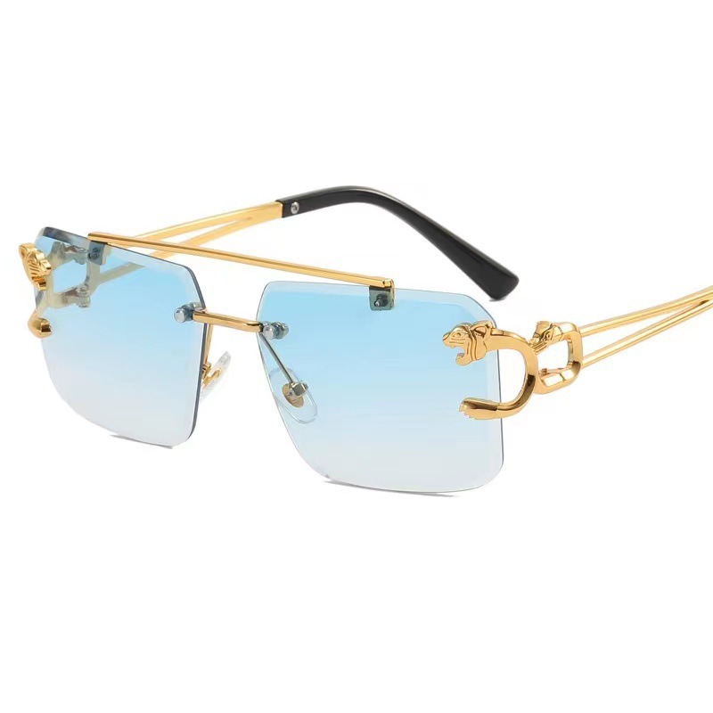 Rimless Square Double Bridge Cutaway Leopard Head Sunglasses