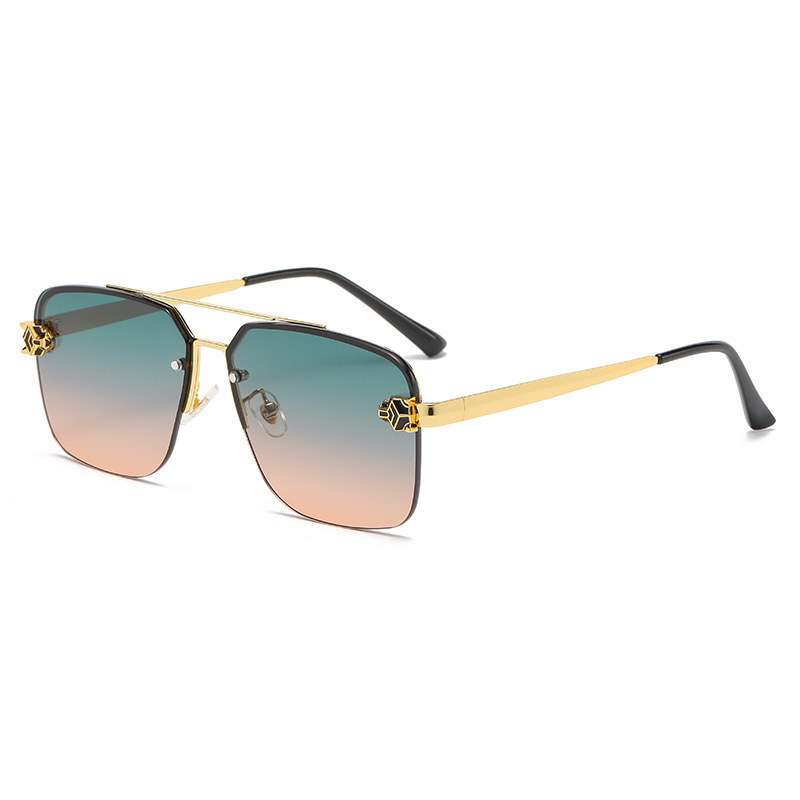 Square Double Bridge Sunglasses Retro Leopard Head Metal Sunglasses
