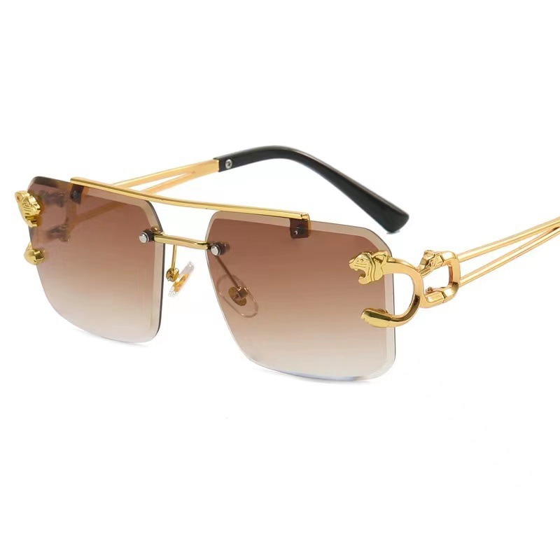 Rimless Square Double Bridge Cutaway Leopard Head Sunglasses